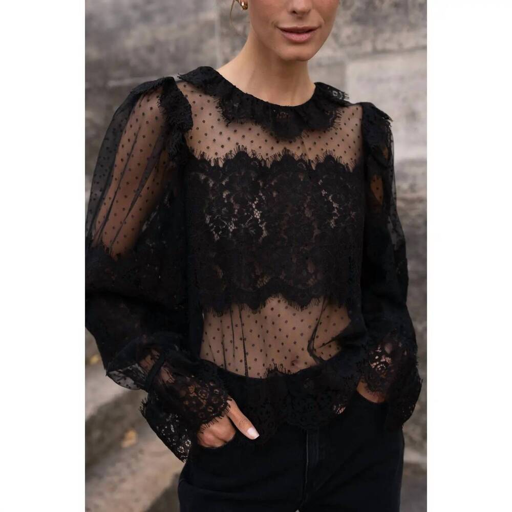 NEW CHOKLATE PARIS lace peter pan collar blouse in black